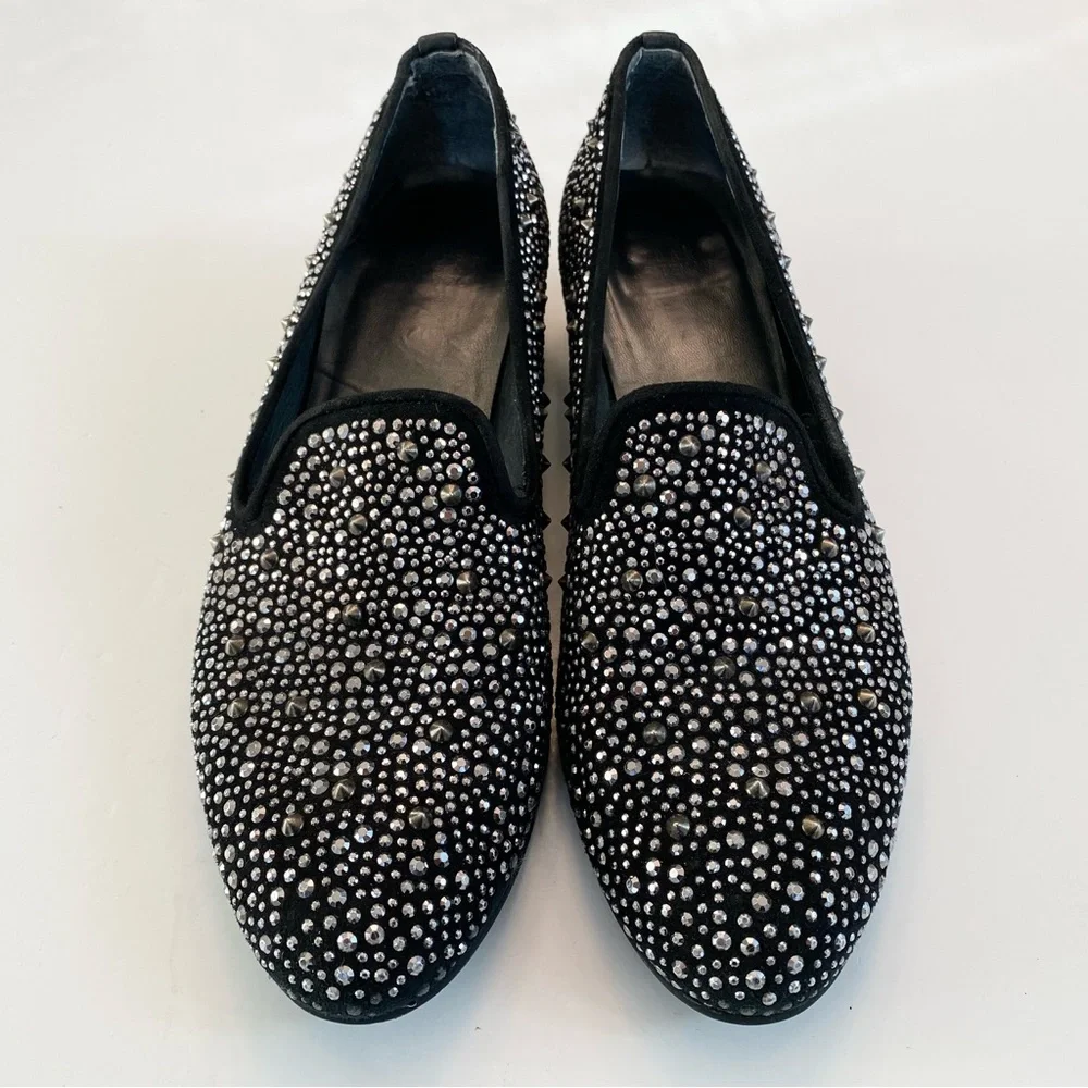 Stuart Weitzman Slipbead Studded Stud Loafer Smoking Slipper Black Silver Sz 8